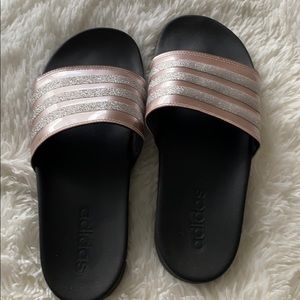 Pink & silver adidas slides